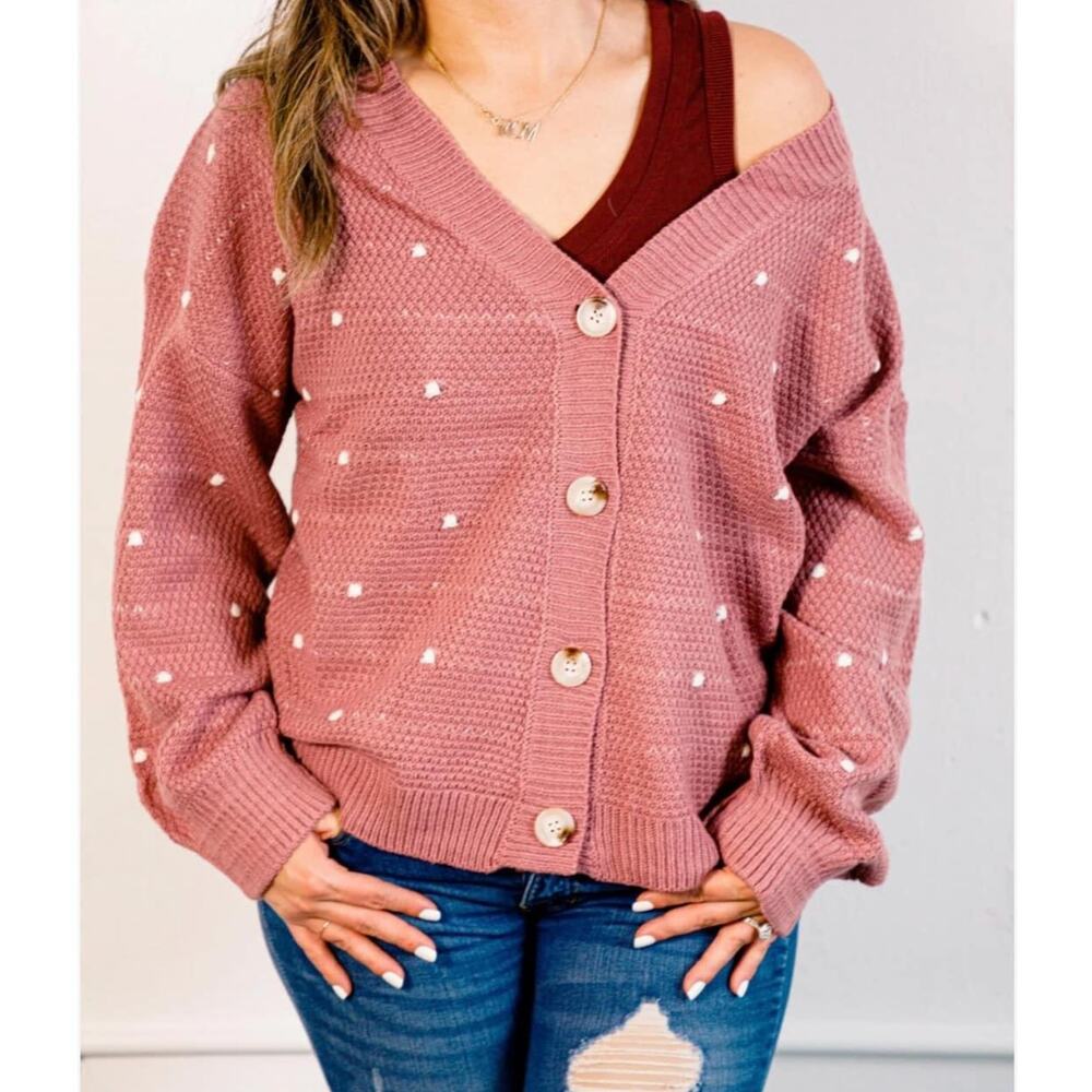 LexBrown‎ Womens Oversized Button Front Knit Cardigan Sweater Size M/L Mauve